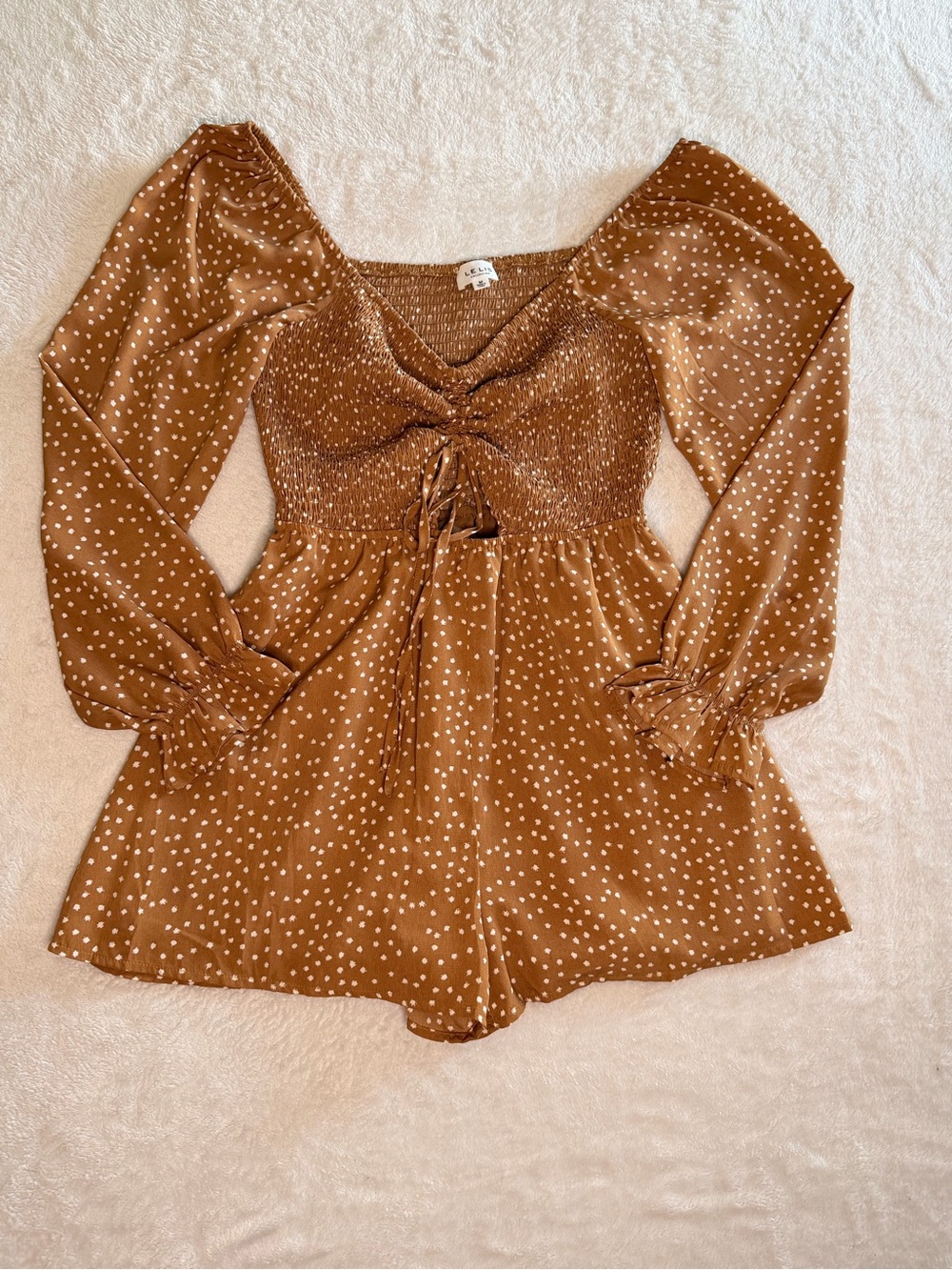 Le Lis Brown Polka Dot Smocked Waist Long Sleeve Tunic Romper